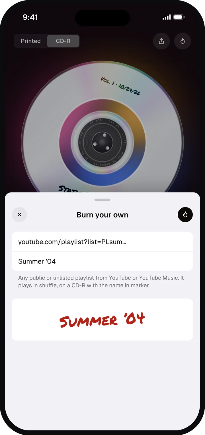 The Burn your own sheet with a playlist link and a mix name