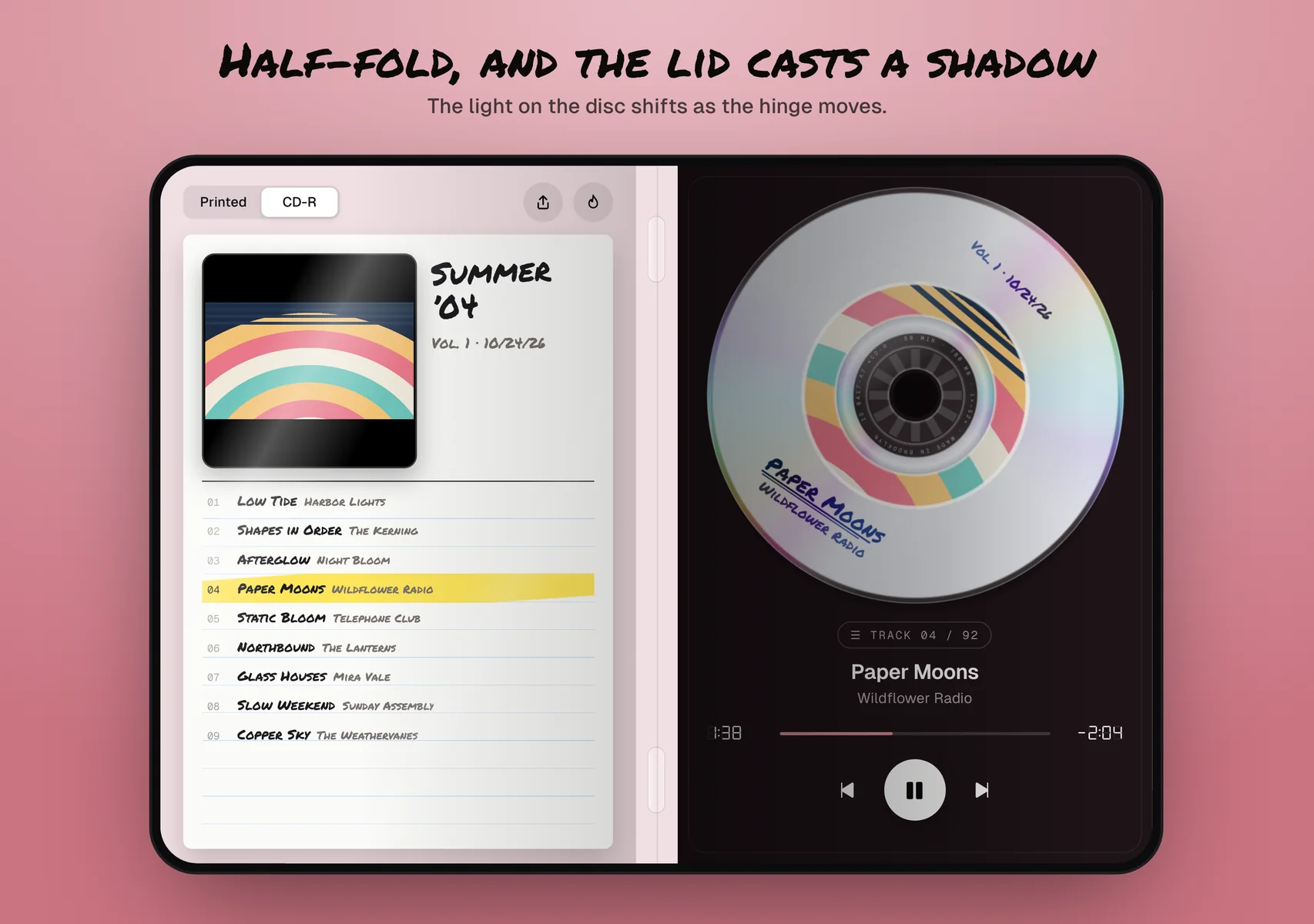 Half-fold, and the lid casts a shadow
